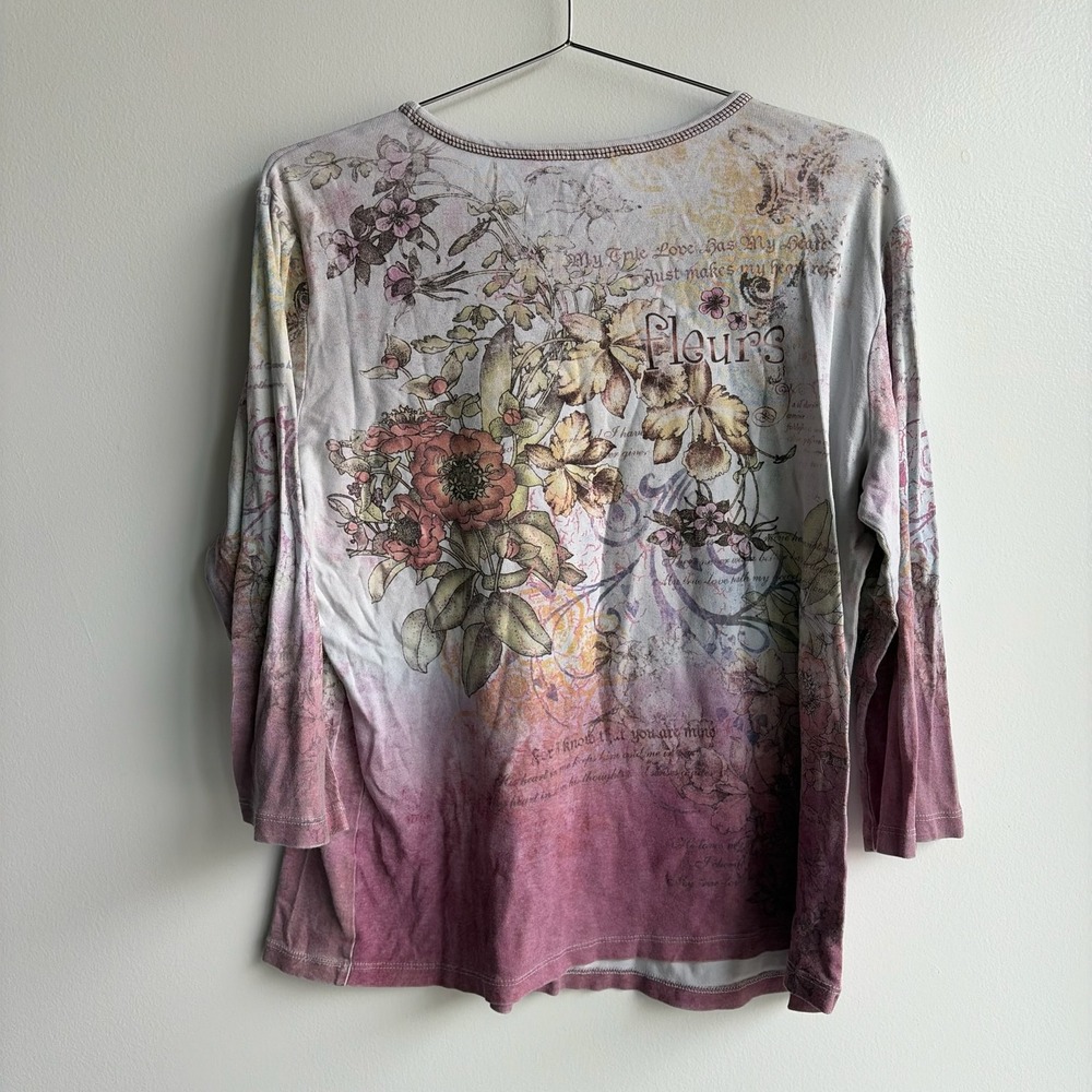 Christopher & Banks Womens Floral Graphic 3/4 Sleeve T-Shirt XL Gray Pink Ombre - Picture 3 of 5